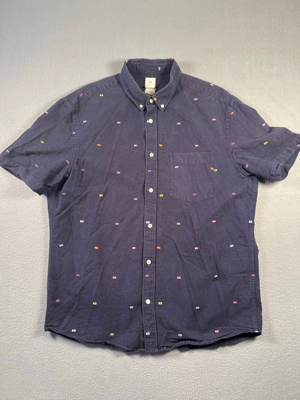 H&M Navy Nautical Signal Flag Print Button Up Shirt L